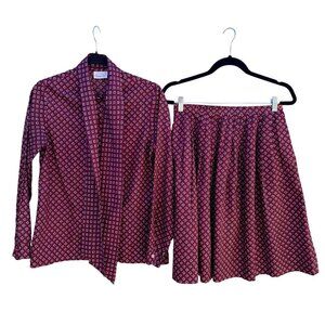Handmacher Vintage 80s Womens Burgundy Diamond Print 2 Piece Blouse Skirt Set 8